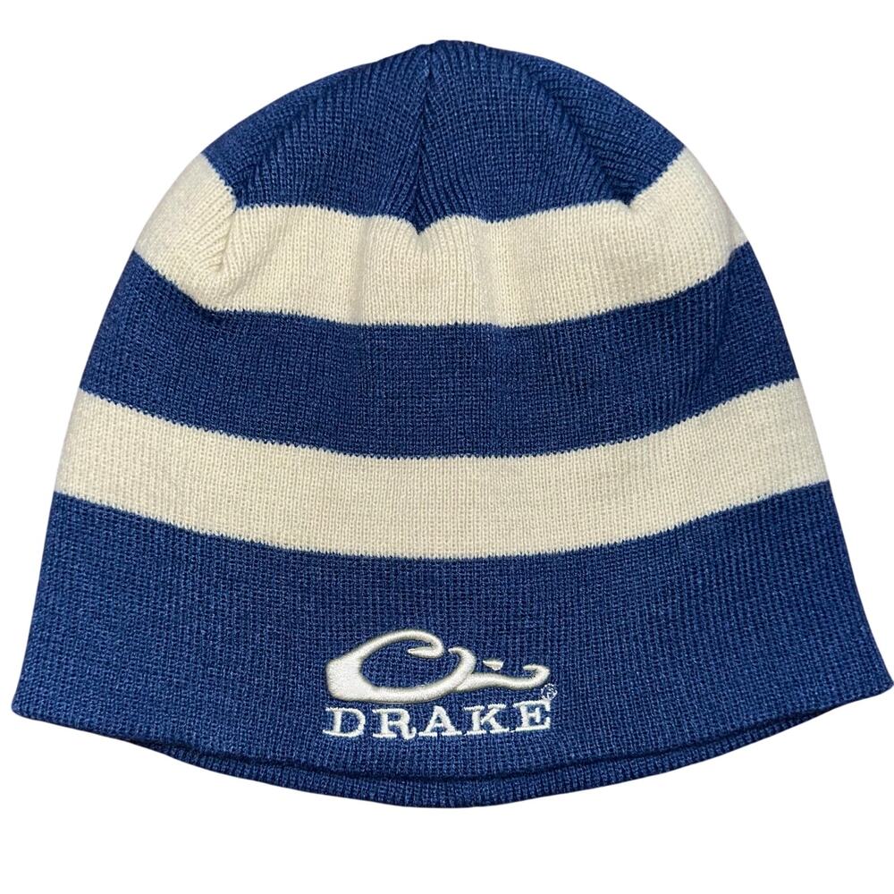 Drake Blue Cream Striped Ribbed Knit Embroidered Logo Stocking Cap Beanie